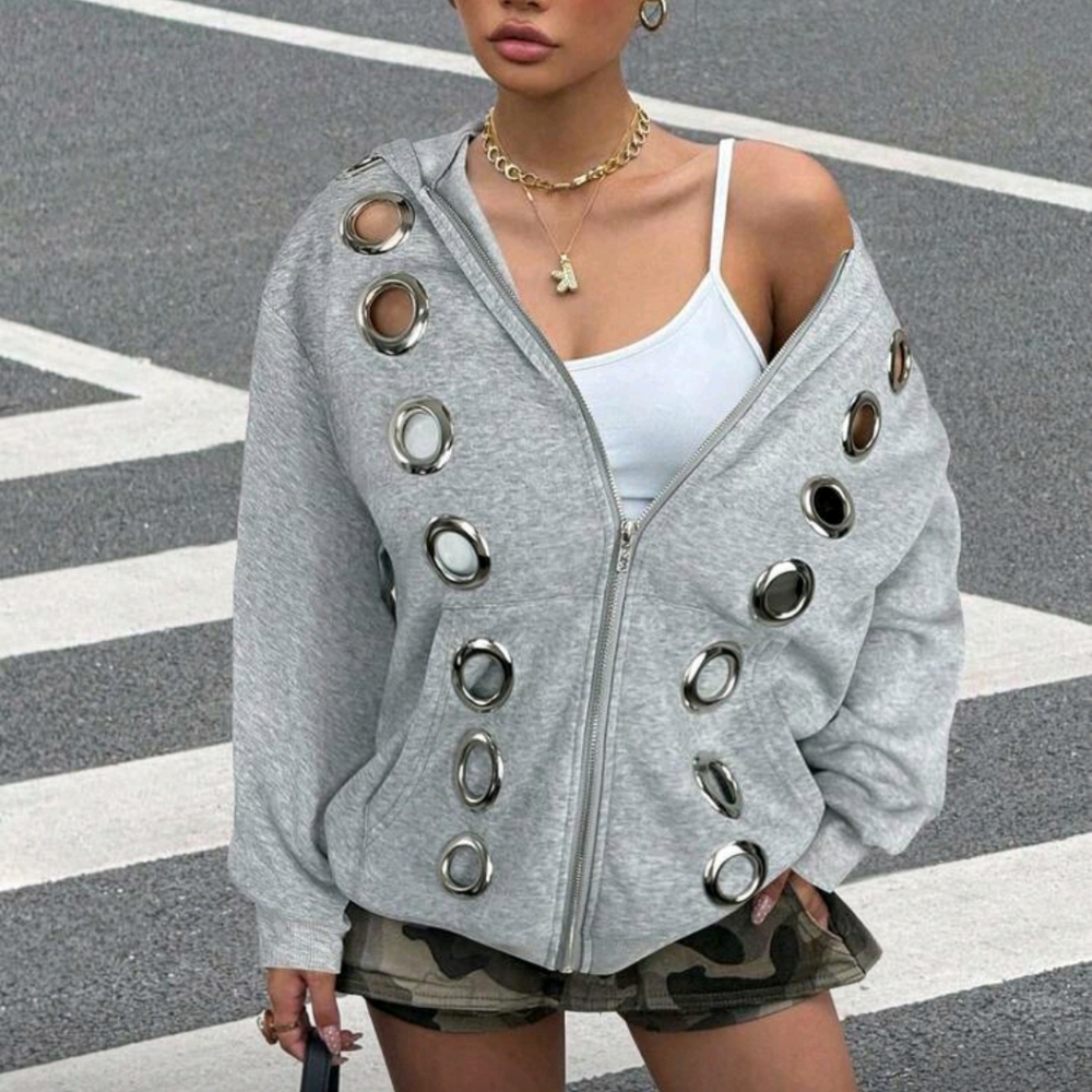 AutumnCasual Eyelet Design Grey Loose Open Front Thermal Lined Hoodie Sweatshirt